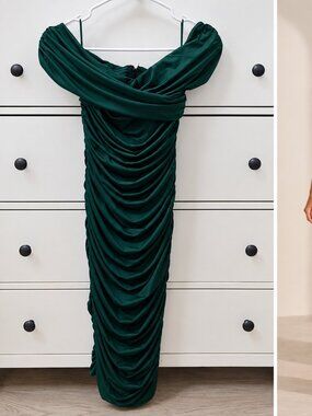 💚 Cefian Emerald Green Ruched Dress – Size M